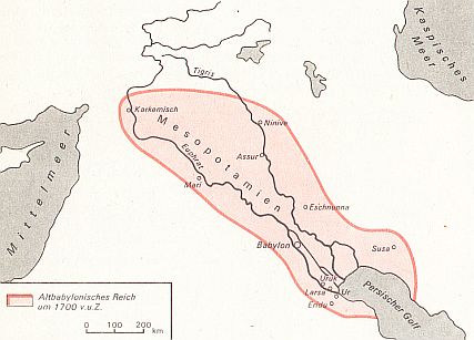 Das Altbabylonische Reich um 1700 v.u.Z.
Mesopotamien
Karkemisch Ninive Assur Mari Eshnunna Babylon Susa Uruk Larsa Ur Eridu
Tigris Euphrat
Kaspisches Meer, Mittelmeer, Persischer Golf