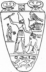 Symbolische Darstellung des Sieges Ober-
ägyptens über Unterägypten. Schminkpalette
des Königs Narmer, 3. Jt. v.u.Z.