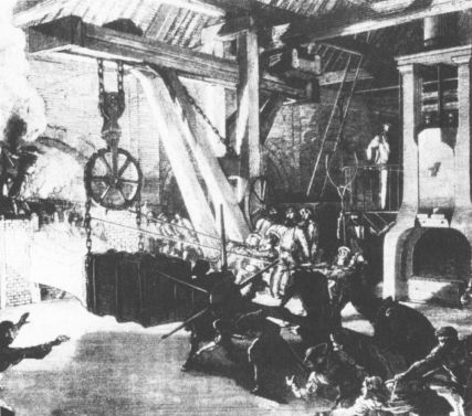 Dampfhammer eines franzsischen Eisenwerkes in der Mitte des 19. Jh.
Zeitgenssische Darstellung