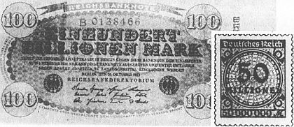 Banknote und Briefmarke aus dem Jahre 1923
Banknote: einhundert Billionen Mark - Reichsbankdirektorium
Briefmarke: Deutsches Reich - 50 Millionen 50 000 000 M
