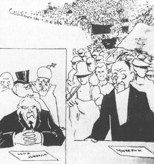 Die Konferenz von Genua: Wer steht hinter Lloyd George und wer
    hinter Tschitscherin ? Zeitgenssische sowjetische Karikatur